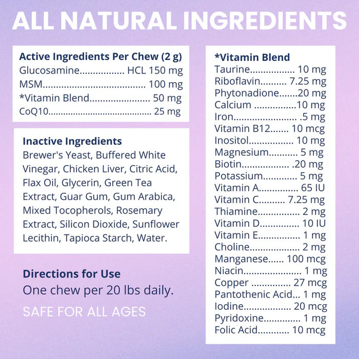 Close-up of detailed supplement facts and natural ingredient list for pet multivitamin soft chews on purple background