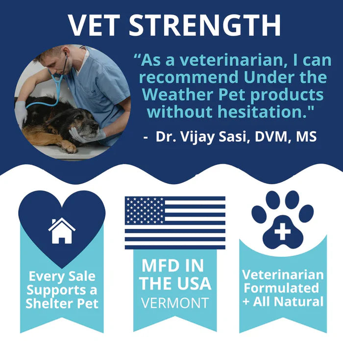 Veterinarian endorsement highlighting all-natural, USA-made pet products supporting shelter animals and vet formulation.
