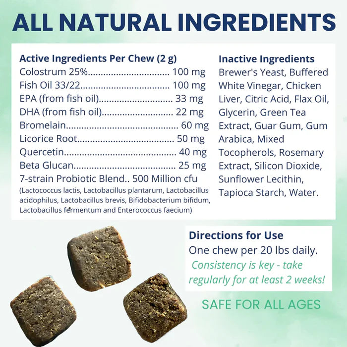 Close-up of three textured soft chews next to detailed natural ingredient and usage information for allergy relief.