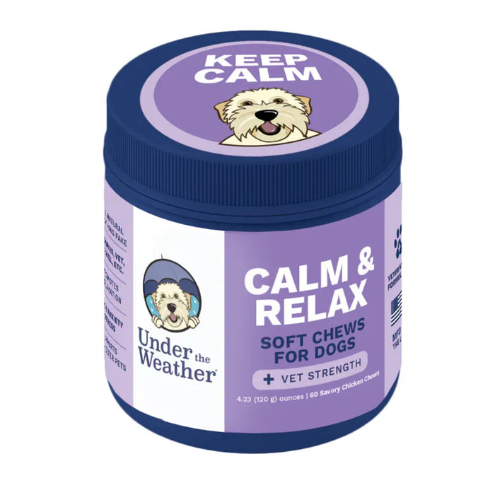 Purple jar of calming soft chews for dogs with a smiling dog illustration and comforting text on the label
