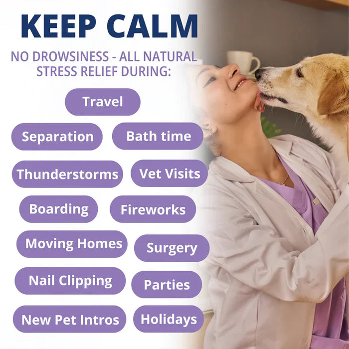 Woman in lab coat smiling as dog nuzzles her, with text listing natural calming uses during stressful pet situations.