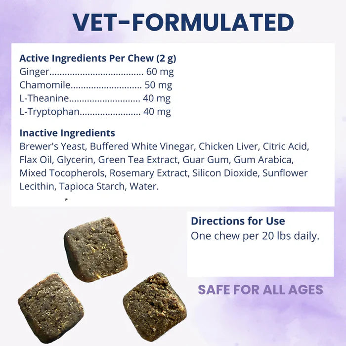Close-up of three square calming soft chews with vet-formulated ingredients list and usage directions on a purple background