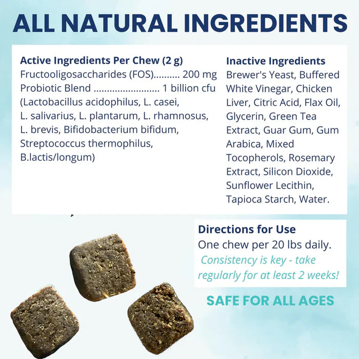 Close-up of three natural probiotic soft chews with ingredient and usage information on light blue background