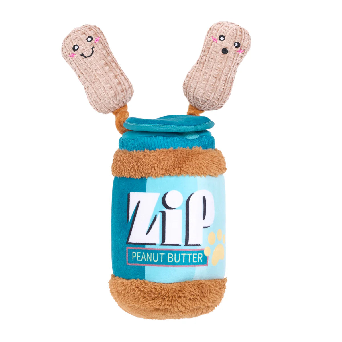 Plush peanut butter jar dog toy with soft fabric, fuzzy trim, and two smiling peanut plush attachments on bungee cords