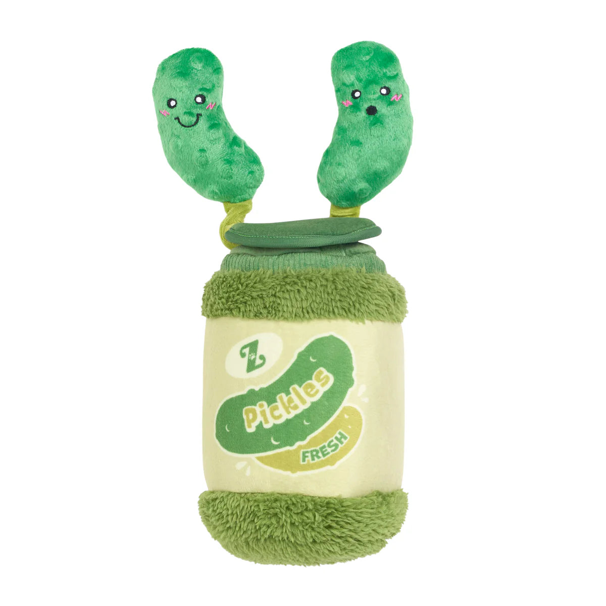 Plush green pickle jar dog toy with textured fabric, soft lid, and two smiling pickle plush attachments on bungee springs