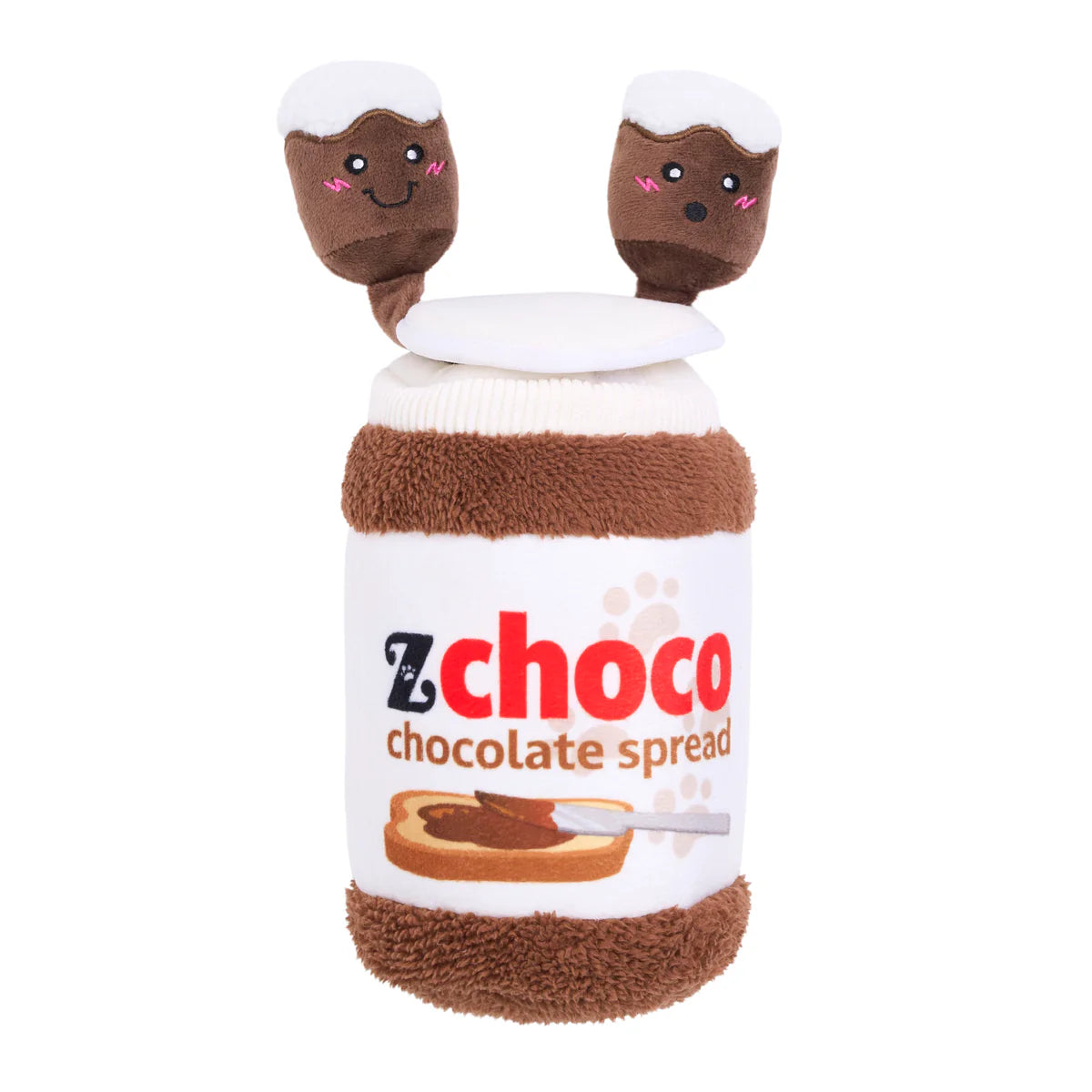 Plush chocolate spread jar dog toy with soft textured fabric and two smiling marshmallow plush attachments