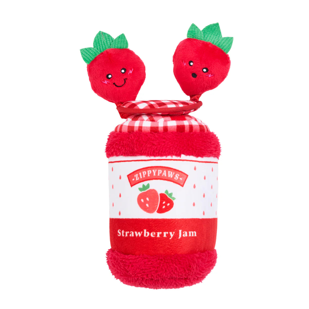 Soft red strawberry jam jar plush dog toy with gingham top and two cheerful strawberry plush attachments on springs