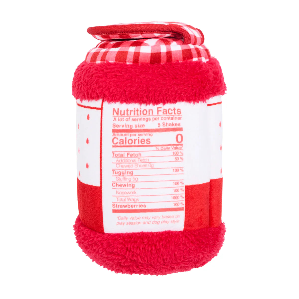 Red and white plush jar-shaped dog toy with soft fabric, textured trim, and playful nutrition facts details on the label