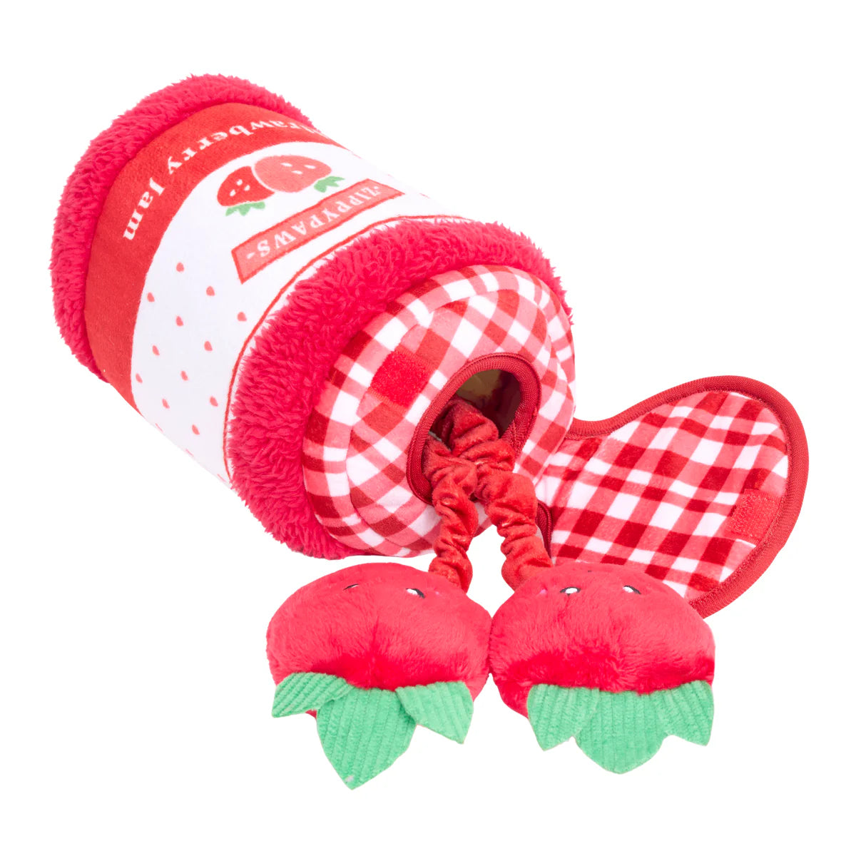 Red and white strawberry jam jar plush dog toy with bungee strawberry attachments and gingham fabric details