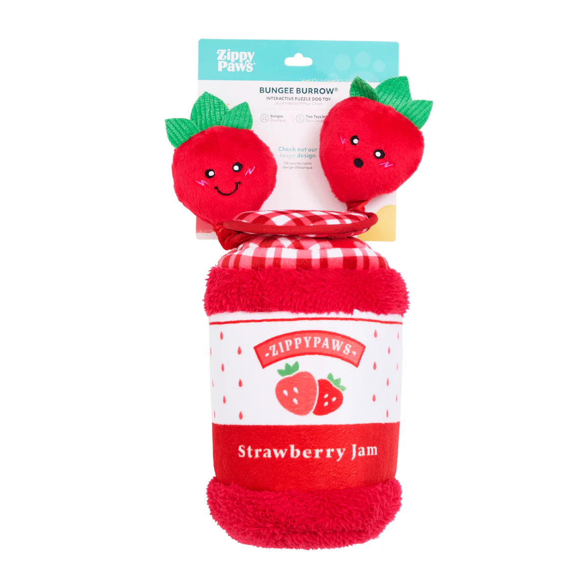 Plush strawberry jam jar dog toy with soft fabric, red gingham lid, and two smiling strawberry plush attachments