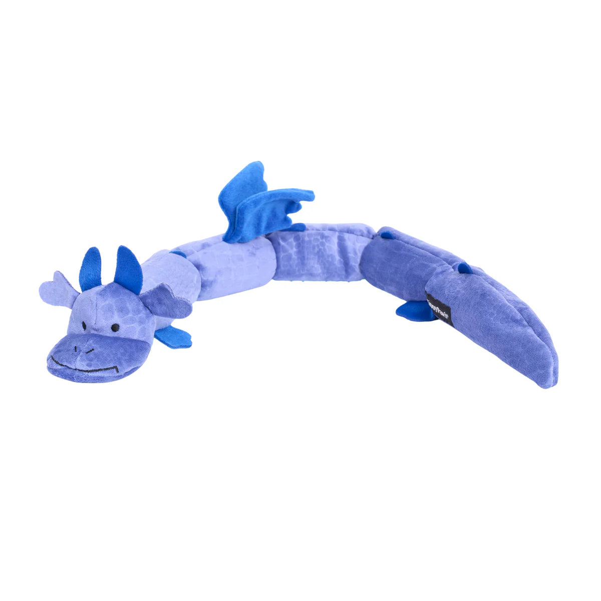 Blue plush dragon dog toy with soft fabric, segmented body, wings, and stitched facial features