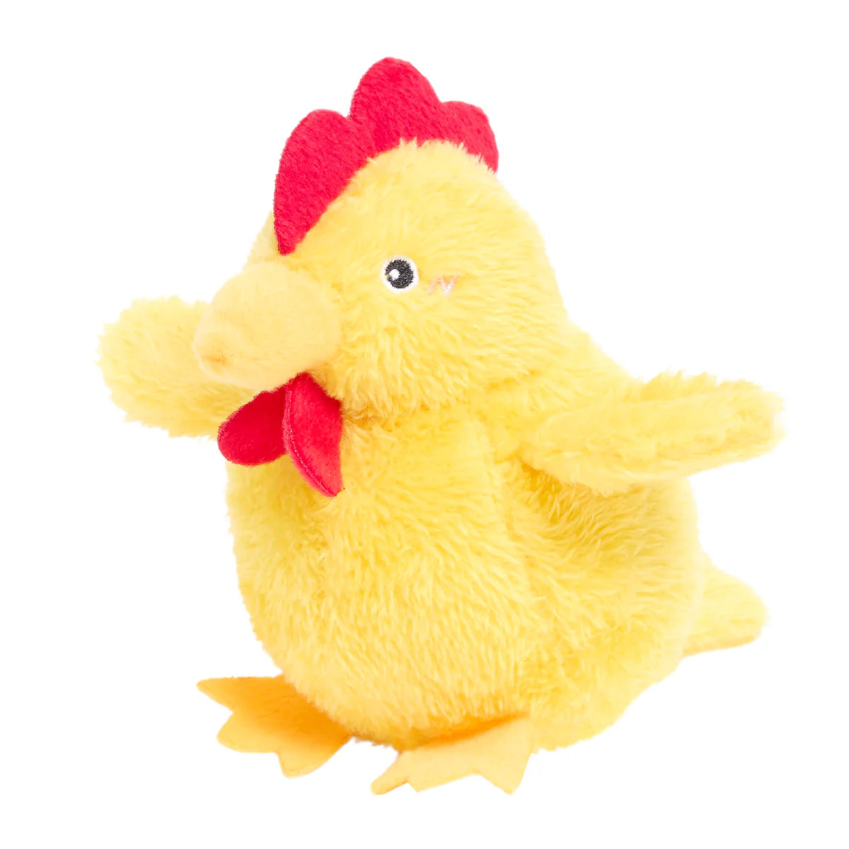 Soft yellow and red plush chicken-shaped dog chew toy with detailed wings and stitched eyes features