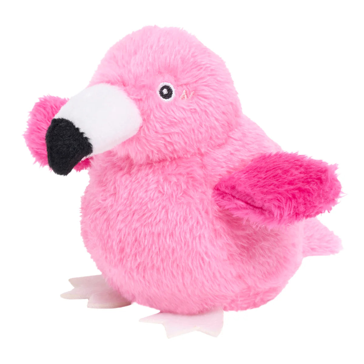 Plush flamingo-shaped dog chew toy with soft pink fabric, black and white beak, and bright pink wings details