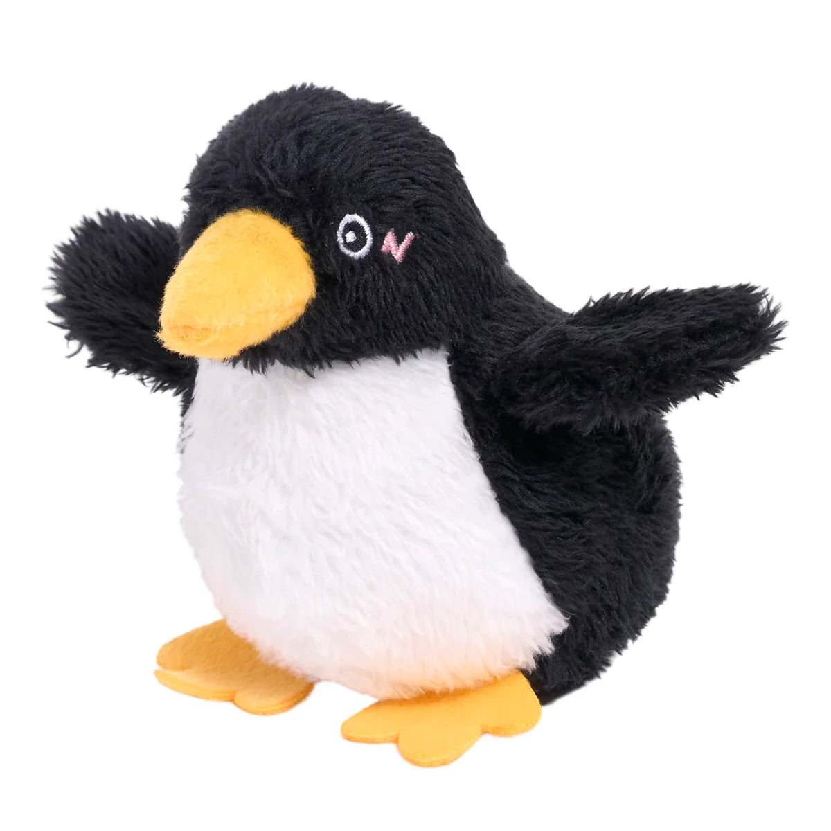 Soft plush penguin-shaped dog chew toy with black, white, and yellow fabric and stitched eyes details