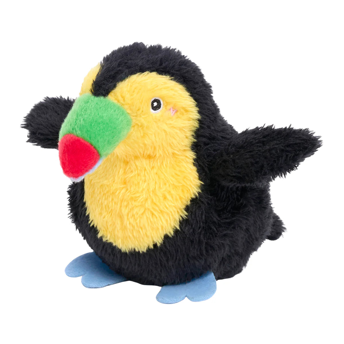 Plush bird-shaped dog chew toy with soft black, yellow, green, and red fabric and blue feet details