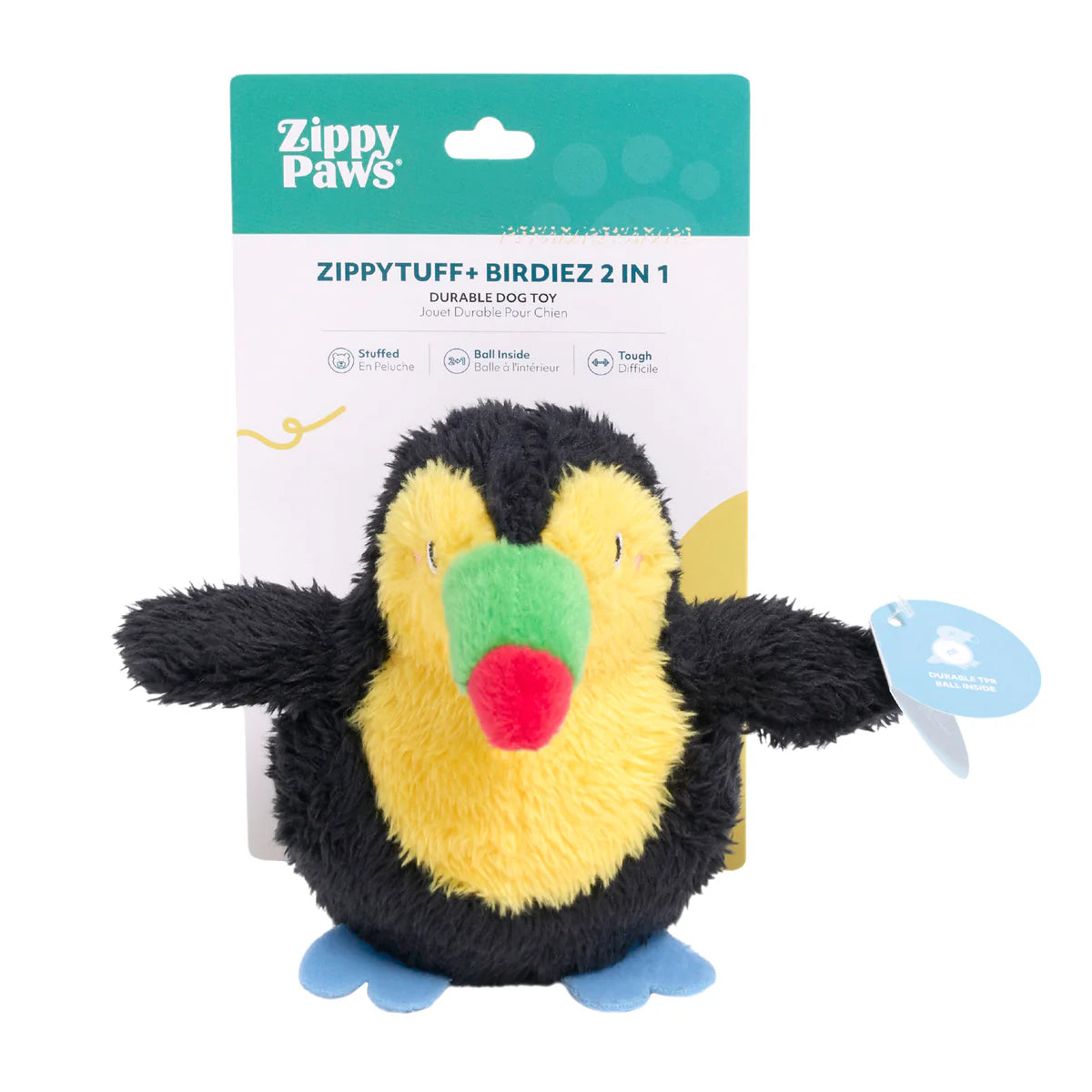 Plush penguin-shaped dog chew toy with yellow belly, black wings, green and red beak, and blue feet details