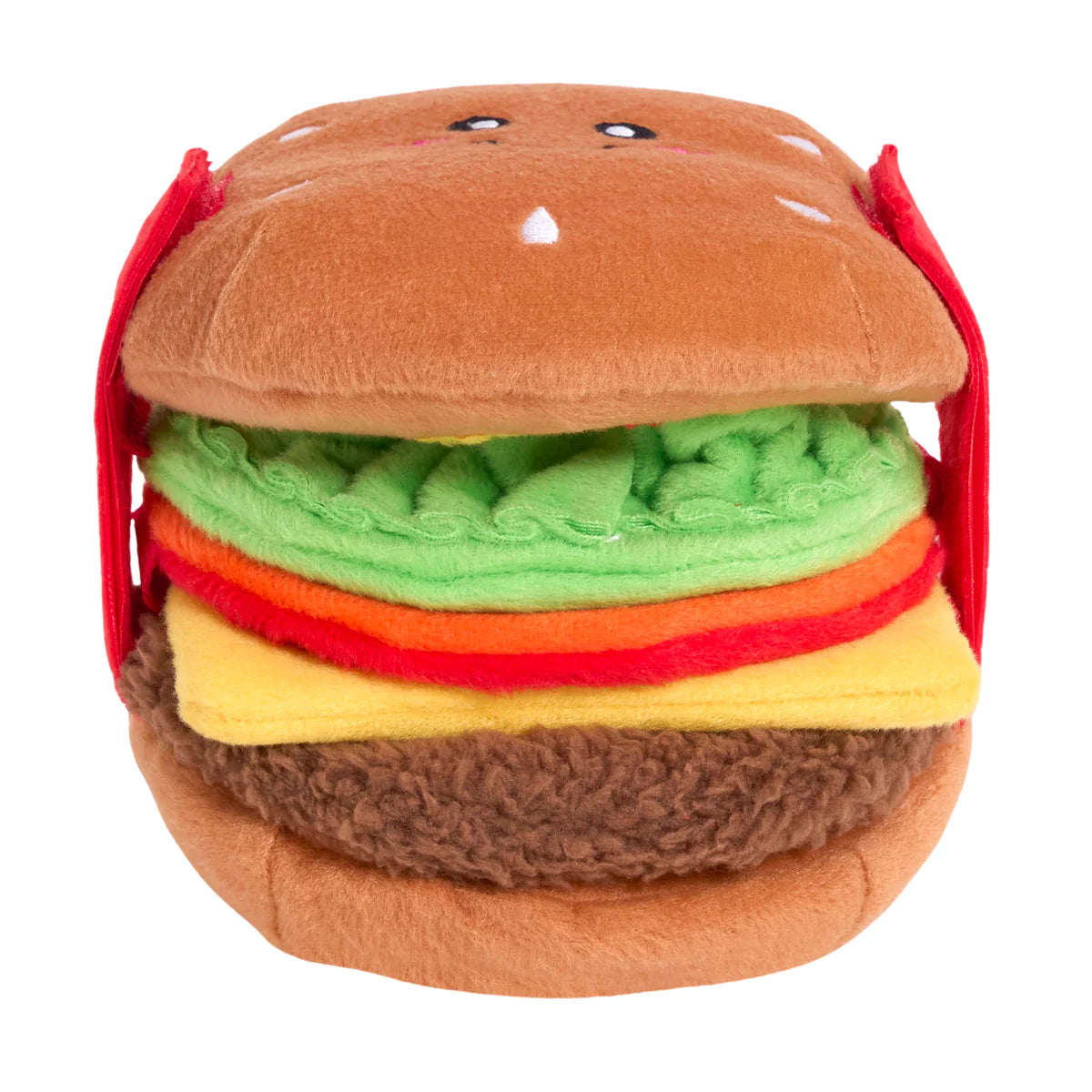 Plush hamburger-shaped interactive dog toy with soft fabric layers including lettuce, cheese, tomato, and beef patty details