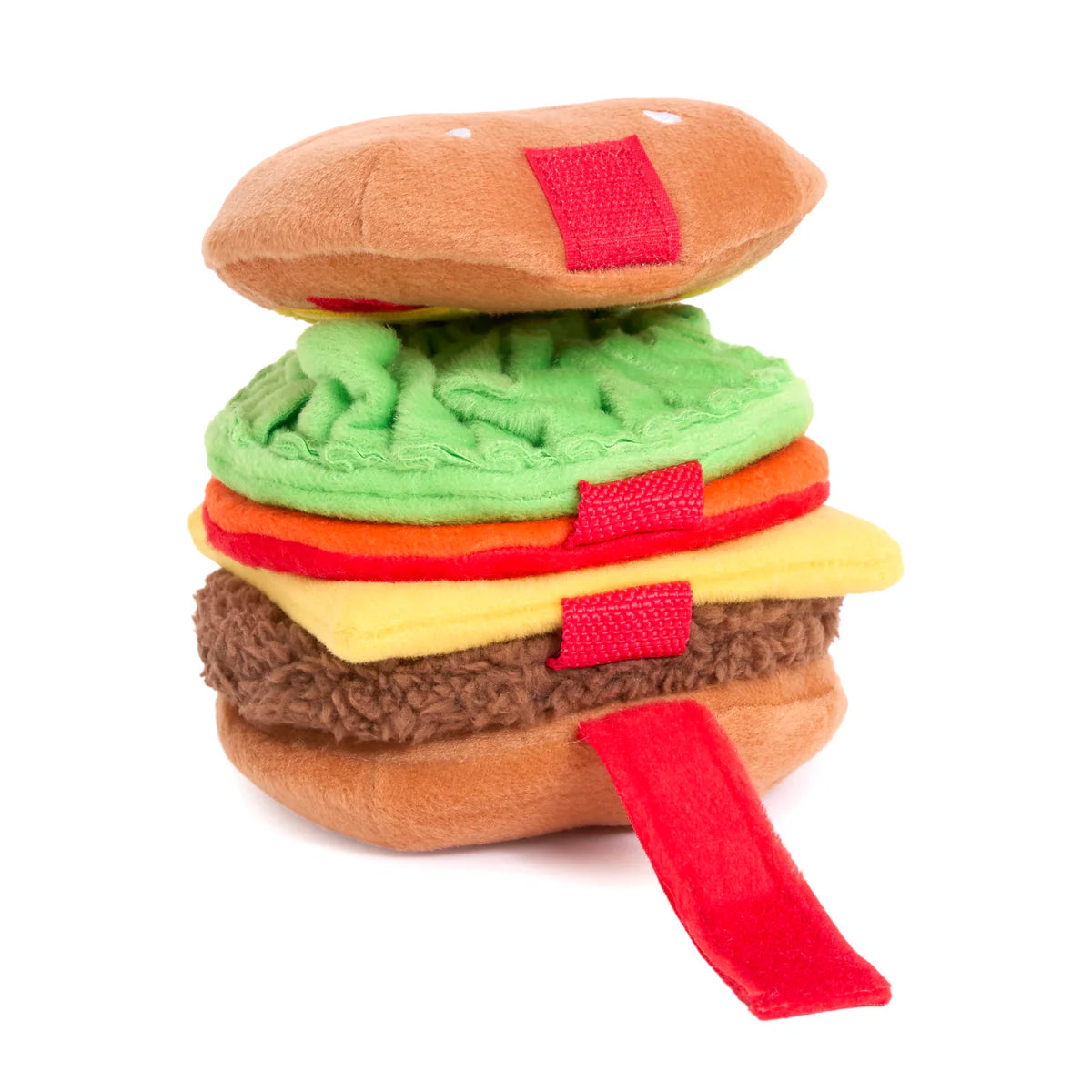 Soft plush dog toy shaped like a layered sandwich with textured fabric and colorful felt accents