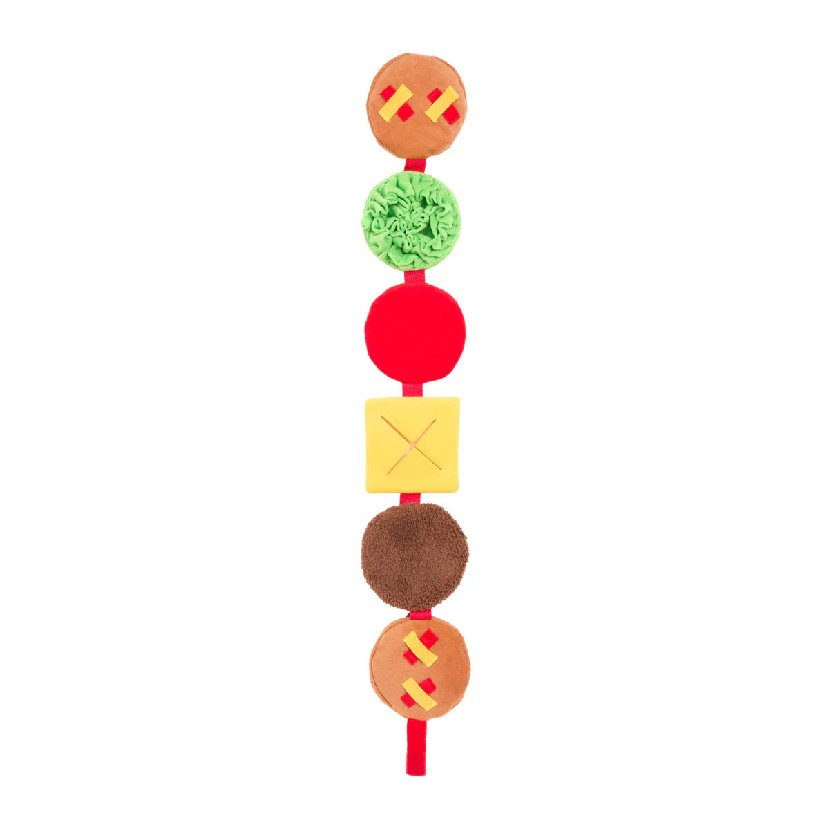 Vertical plush dog toy with multiple textured colorful circles connected by a red fabric strip