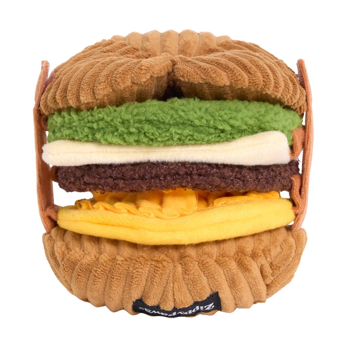 Plush interactive dog toy designed as a stack of soft textured layers resembling a sandwich or burger