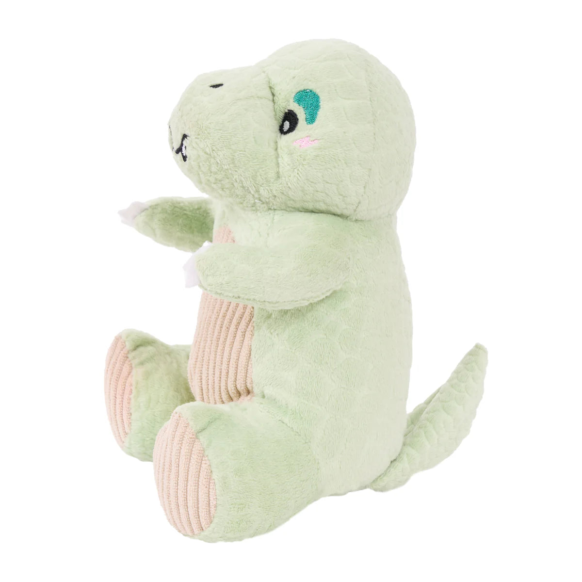 Soft green plush dinosaur dog toy with textured fabric, corduroy belly, stitched eyes, and small tail detail