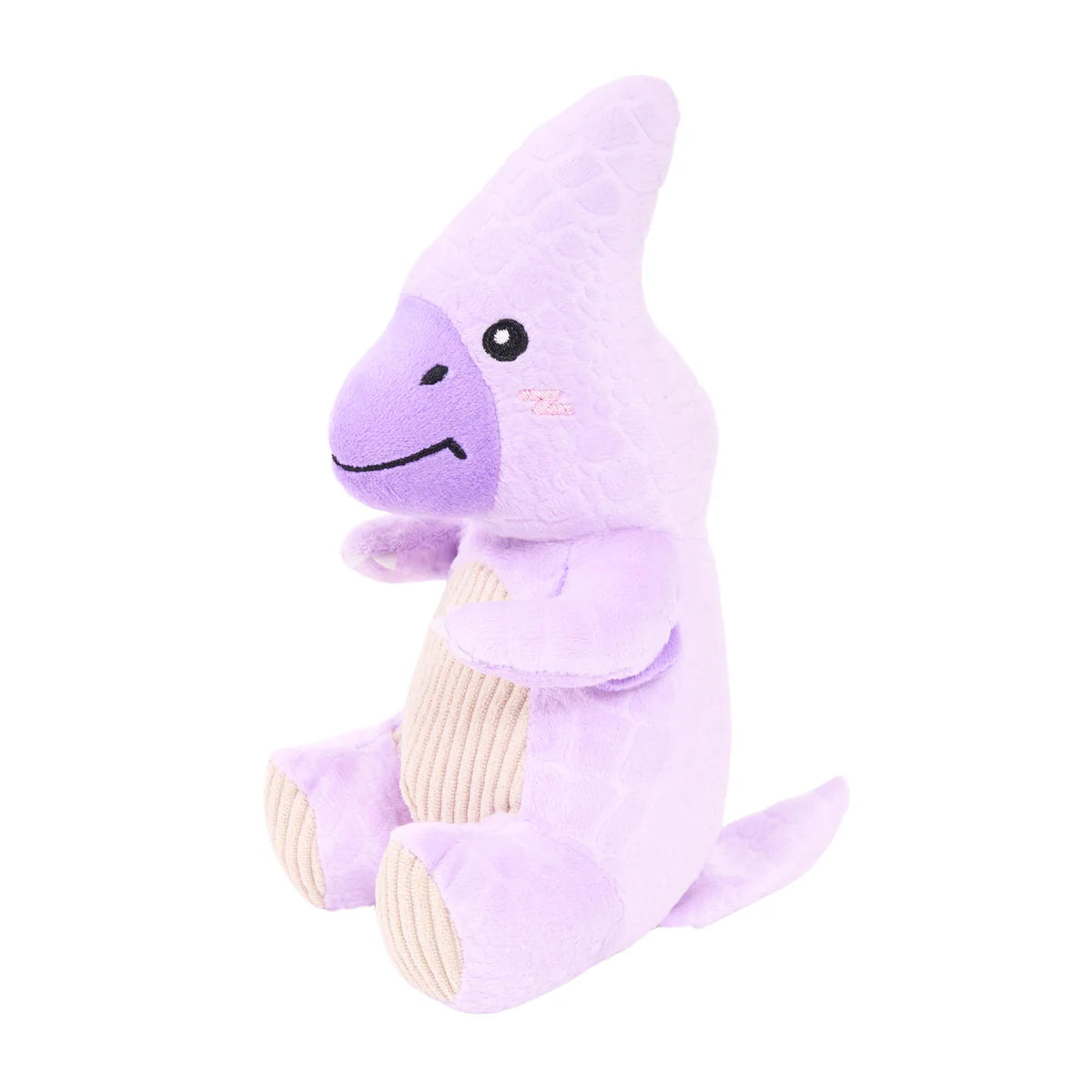 Plush lavender dinosaur dog toy with textured fabric, stitched smiling face, and soft corduroy details on paws and belly