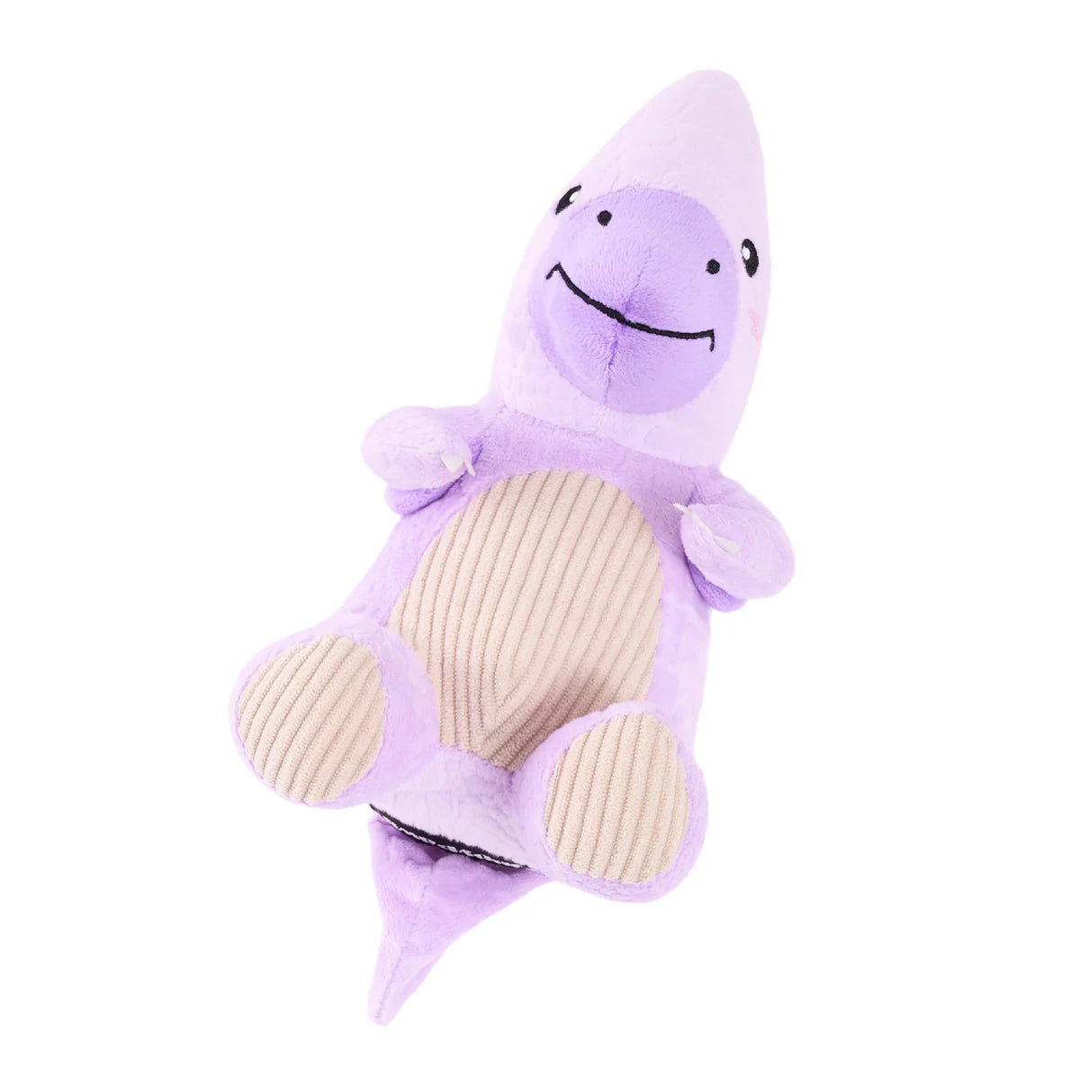 Soft lavender plush dinosaur dog toy with corduroy belly and paws, stitched eyes, and a friendly smiling face