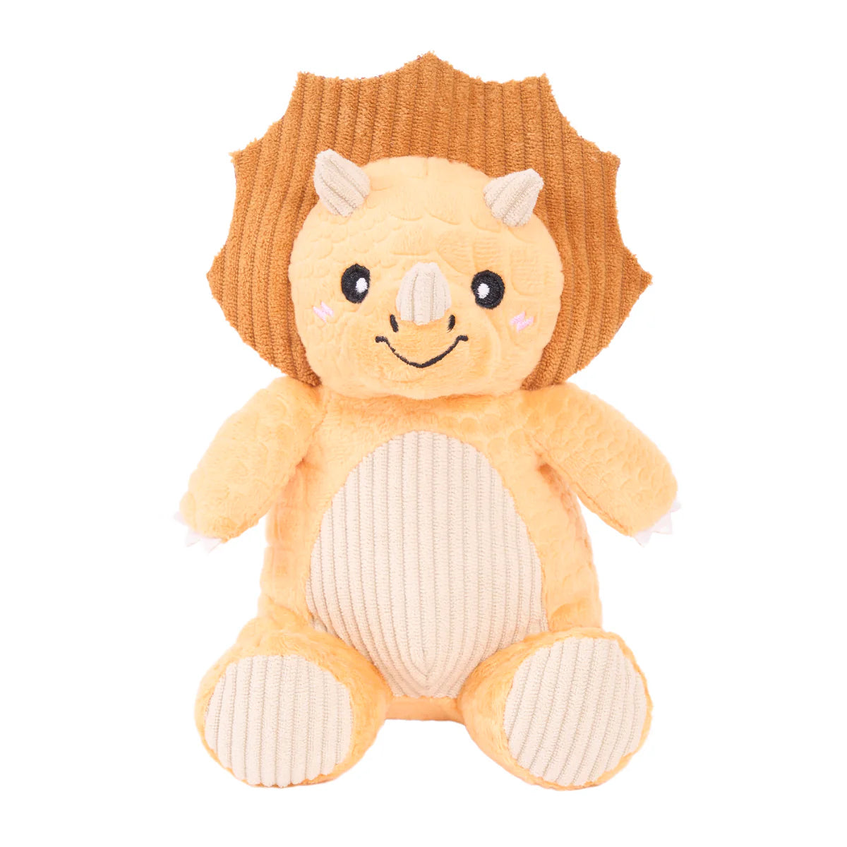 Plush light orange dinosaur dog toy with corduroy belly, textured frill, stitched eyes, horns, and smiling face details