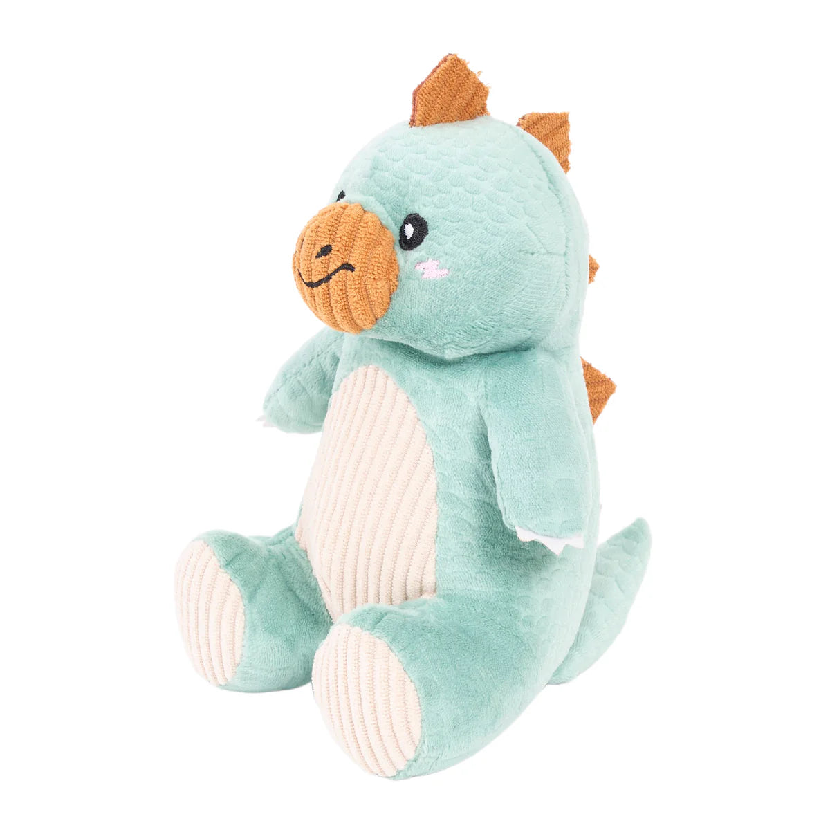 Soft green plush dinosaur dog toy with corduroy snout, belly, stitched eyes, orange fabric spikes, and smiling mouth details