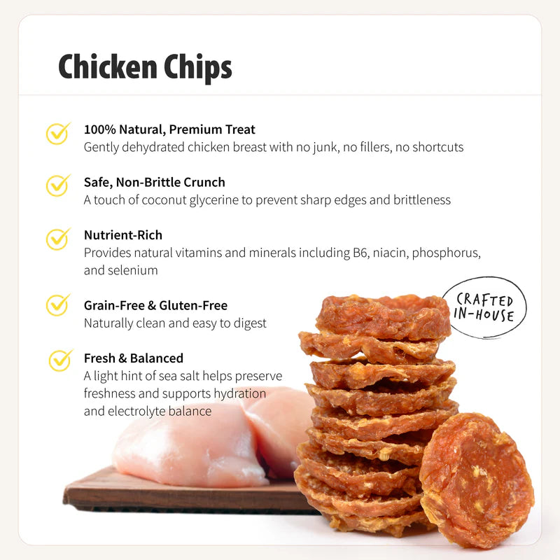 Stack of textured chicken dog treat chips with raw chicken breast and ingredient benefits listed beside them