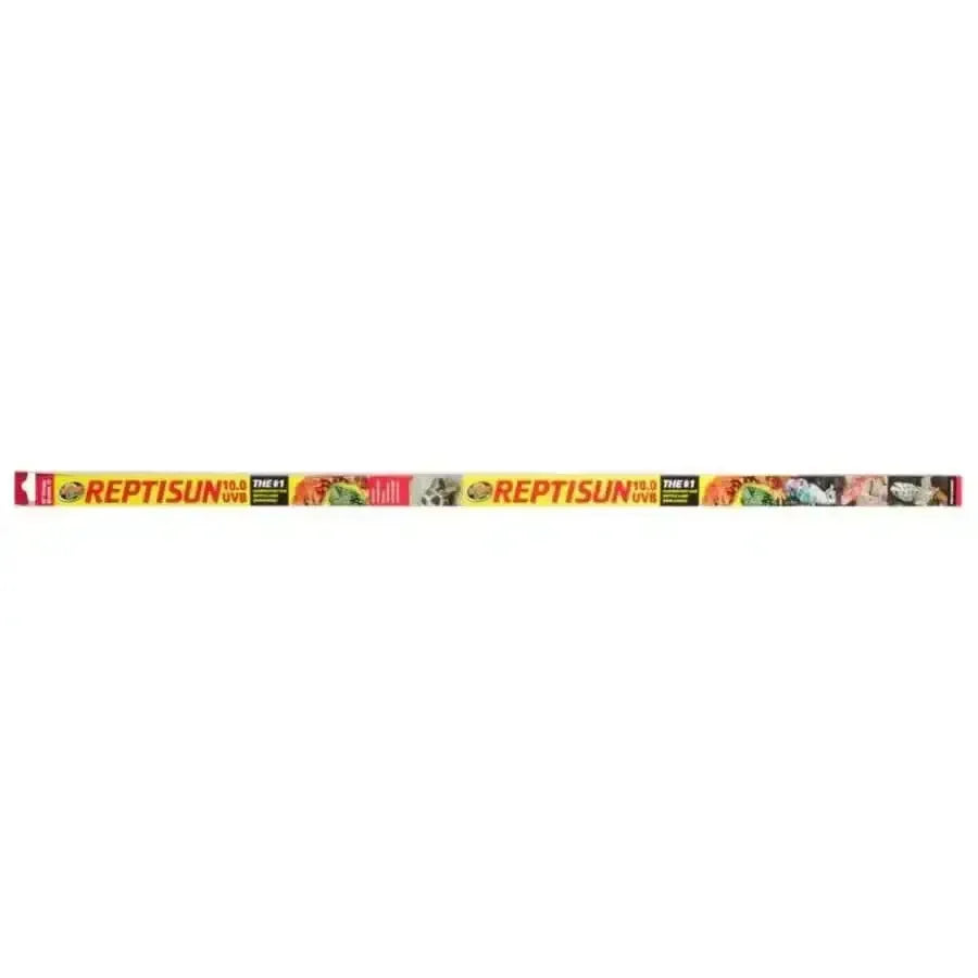 Zoo Med T8 ReptiSun 10.0 UVB Fluorescent Lamp in its yellow and red retail packaging.