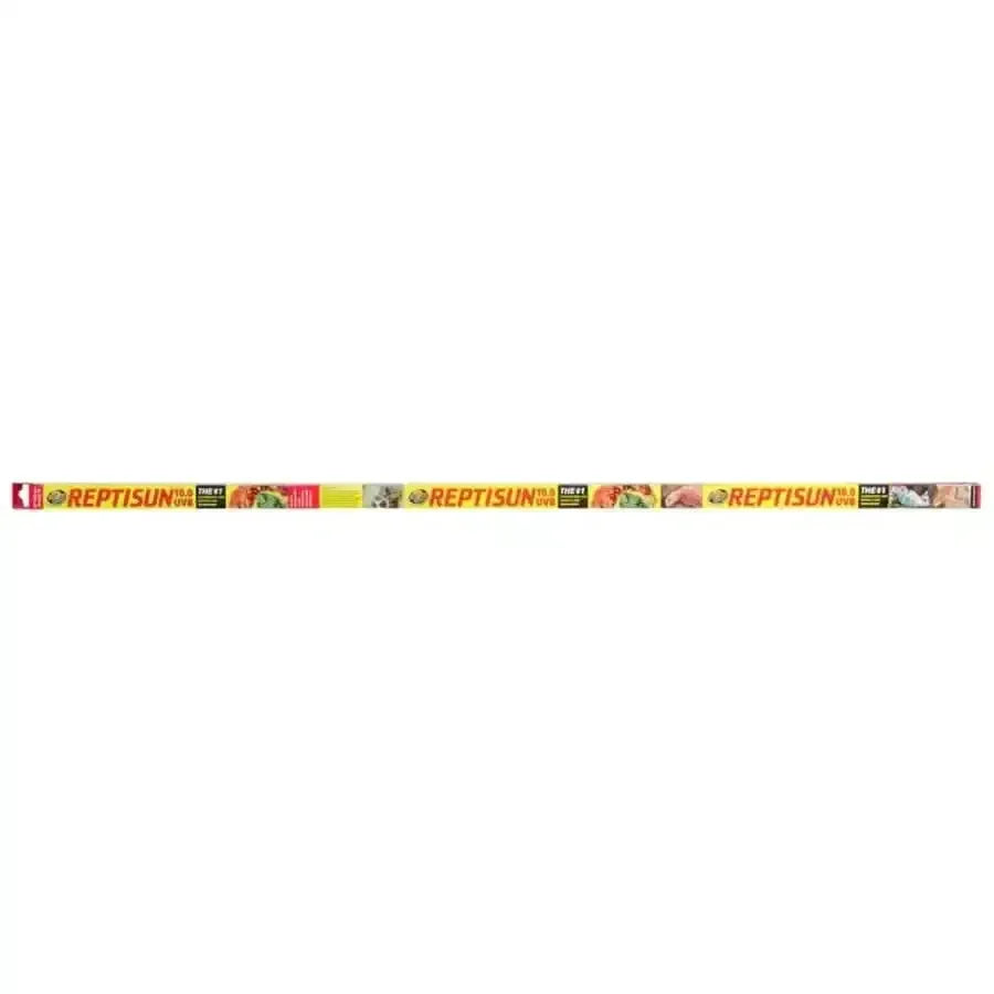 Zoo Med T8 ReptiSun 10.0 UVB Fluorescent Lamp in its yellow and red retail packaging box.