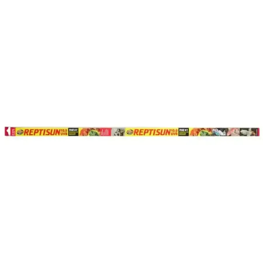 Zoo Med T8 ReptiSun 10.0 UVB Fluorescent Lamp in its yellow and red retail packaging.