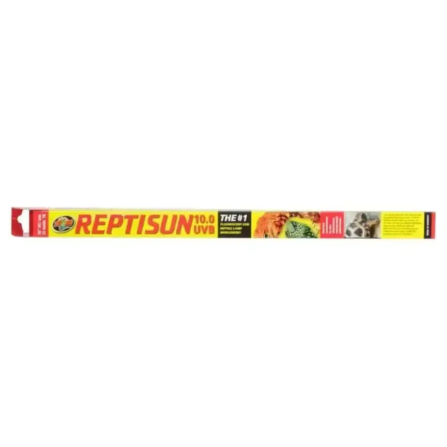Zoo Med T8 ReptiSun 10.0 UVB Fluorescent Lamp in its yellow and red retail packaging.