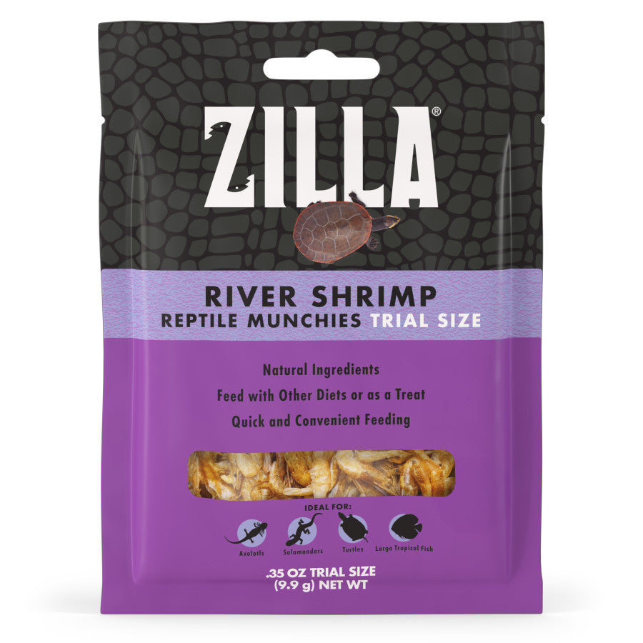 Zilla River Shrimp Reptile Munchies trial size bag for axolotls, salamanders, turtles, and fish.