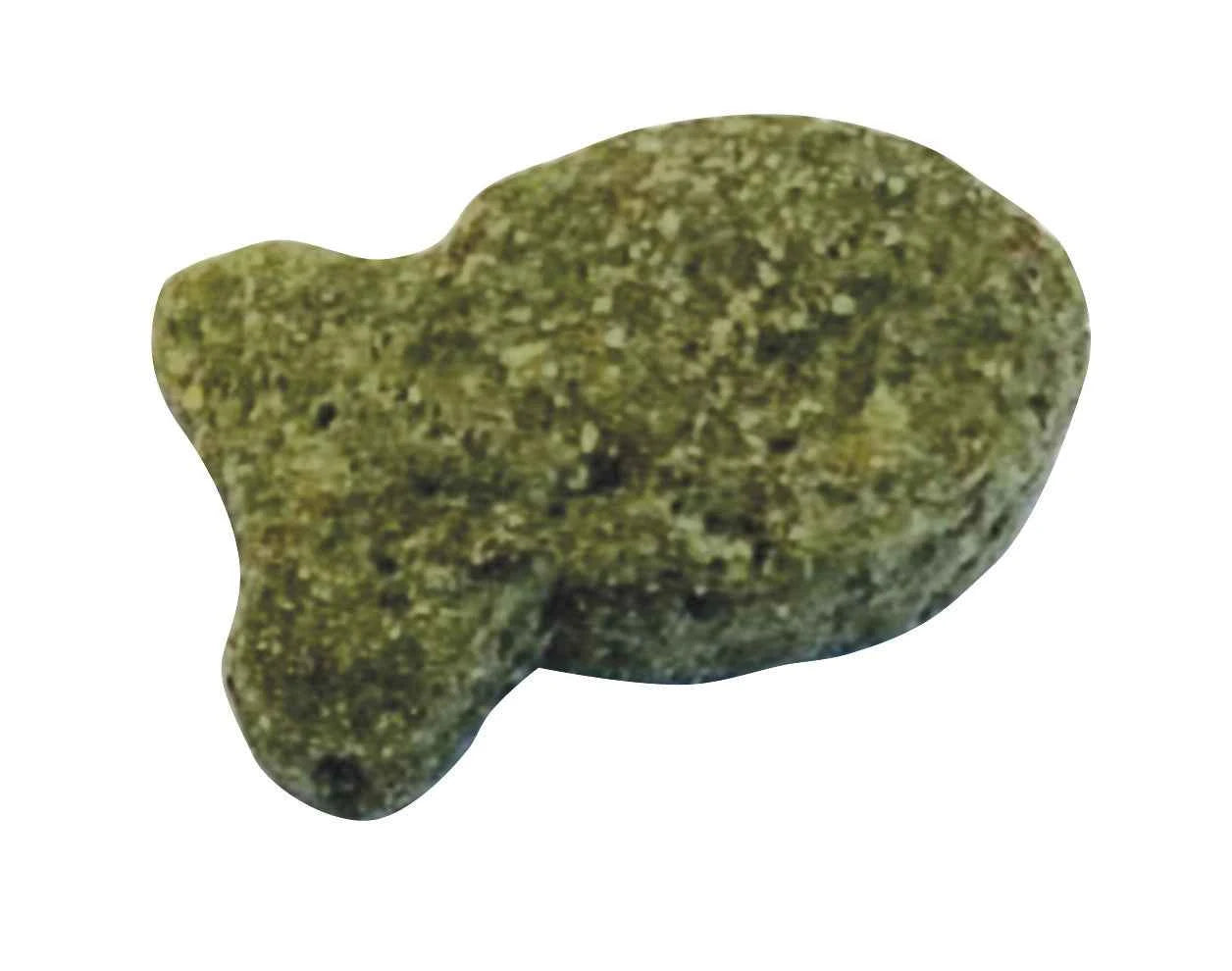 A single, fish-shaped green dental cat treat with a crunchy, textured surface.