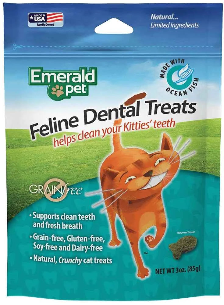 A 3 oz bag of Emerald Pet Feline Dental Grain-Free Cat Treats with ocean fish flavor.