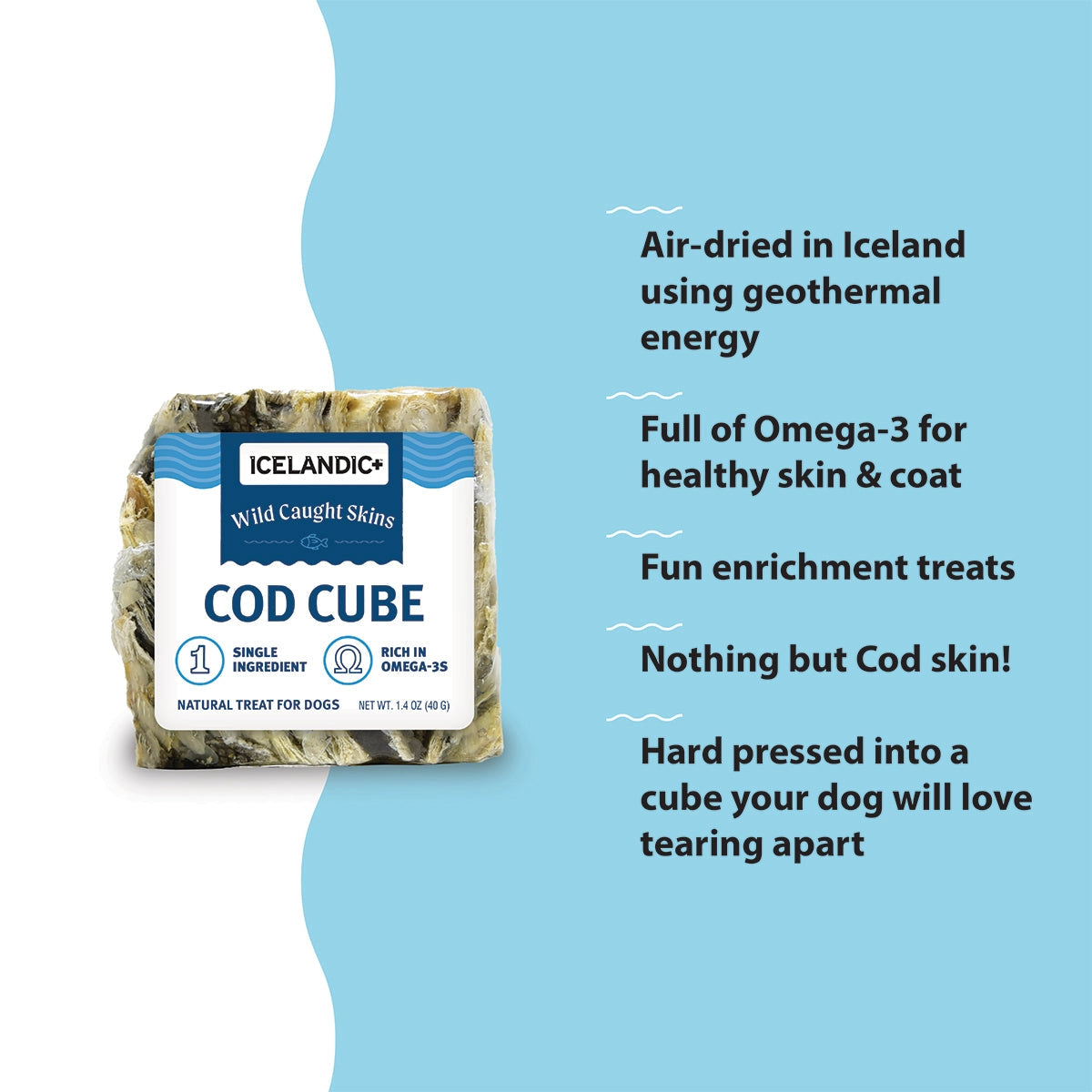 Icelandic+ Wild Caught Cod Cube dog treat package with product benefits on a blue background.