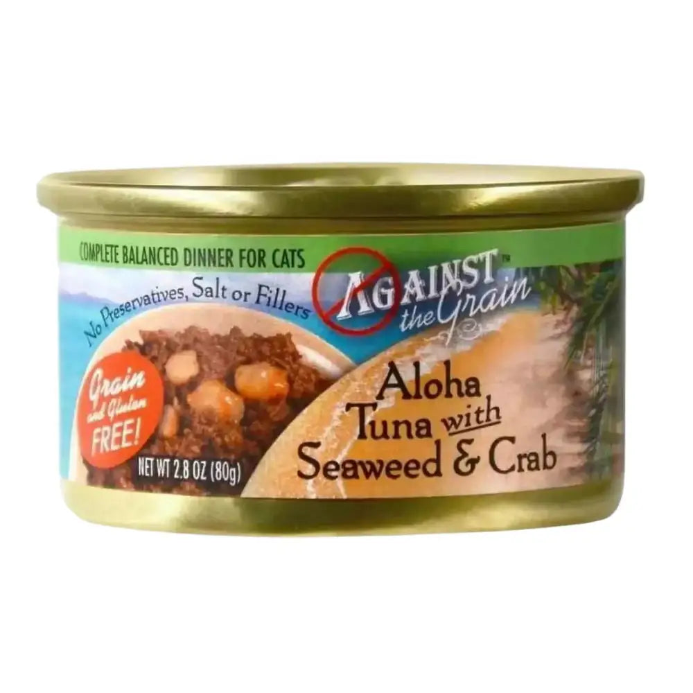 Against the Grain Aloha Tuna With Seaweed & Crab Dinner For Cats, 2.8-oz can, case of 24—grain and gluten free, no preservatives, salt or fillers; label features a cat food image next to ocean waves.