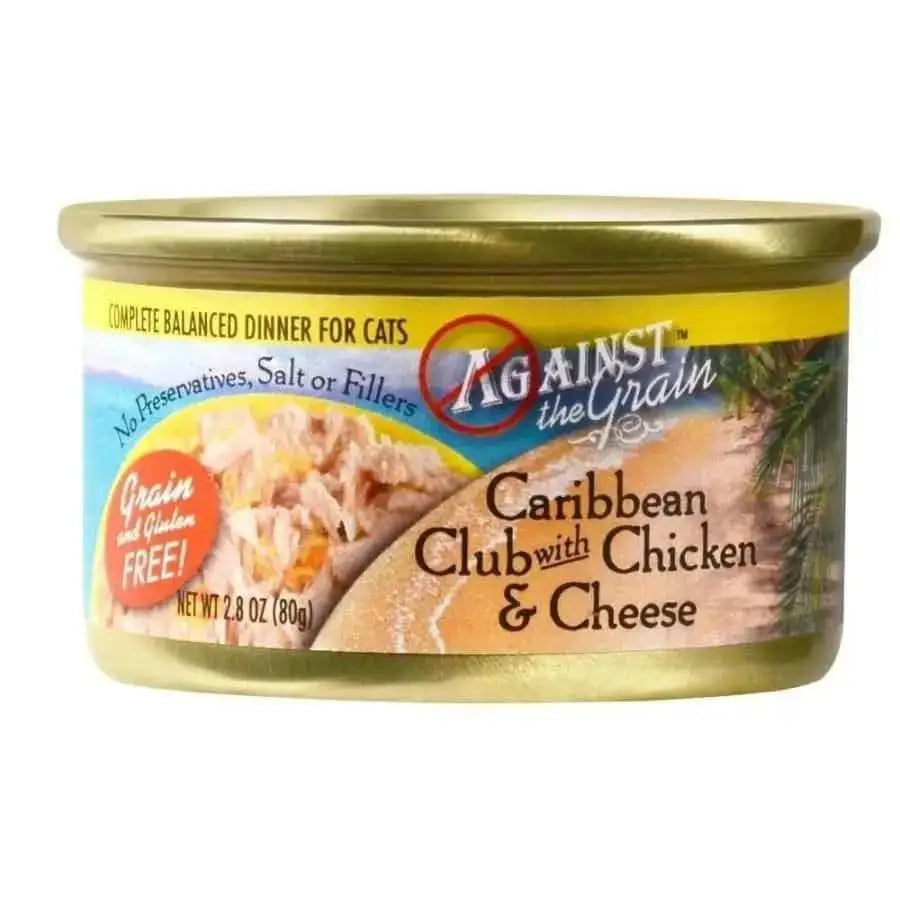 A case of 24 Against the Grain Caribbean Club With Chicken & Cheese Dinner For Cats 2.8-oz cans, a natural, grain-free, gluten-free cat food with no preservatives, salt, or fillers; label shows a beach scene and shredded chicken.