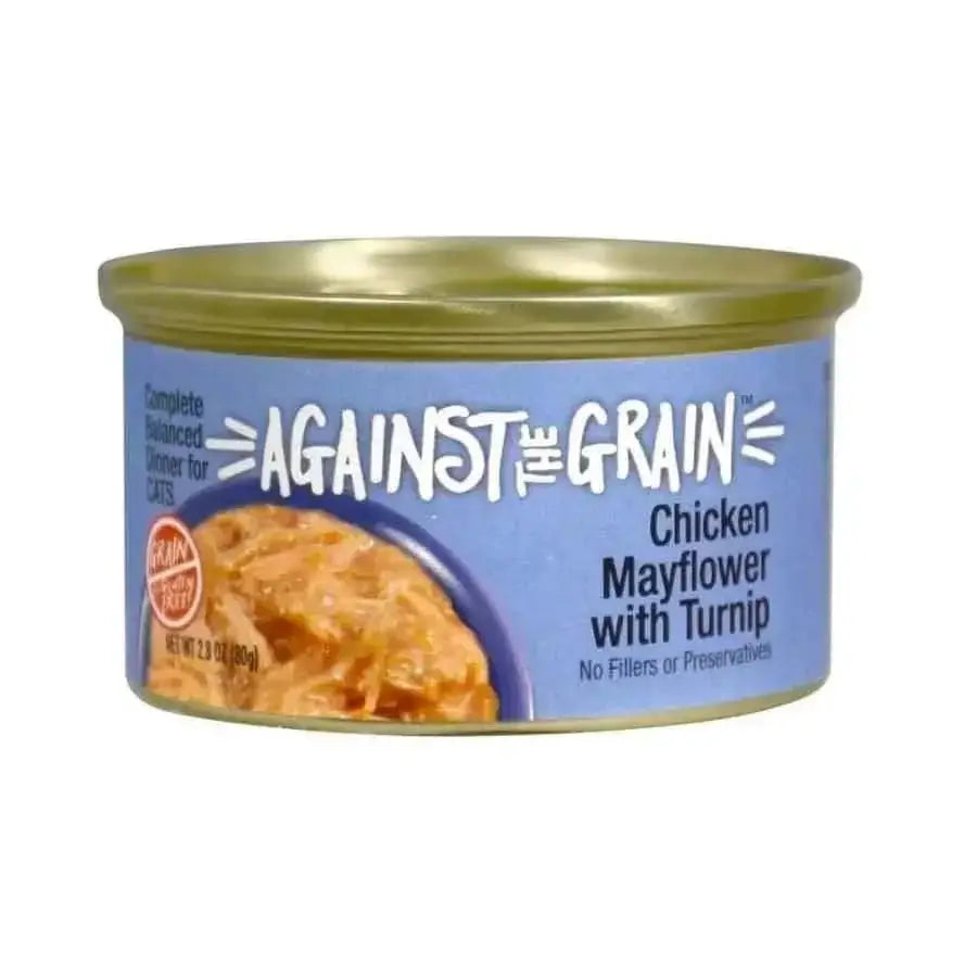 A 2.8-oz can of Against the Grain Chicken Mayflower With Turnip Dinner For Cats, a grain-free cat food with a gold lid, purple label, and superfood ingredients; available in a case of 24.