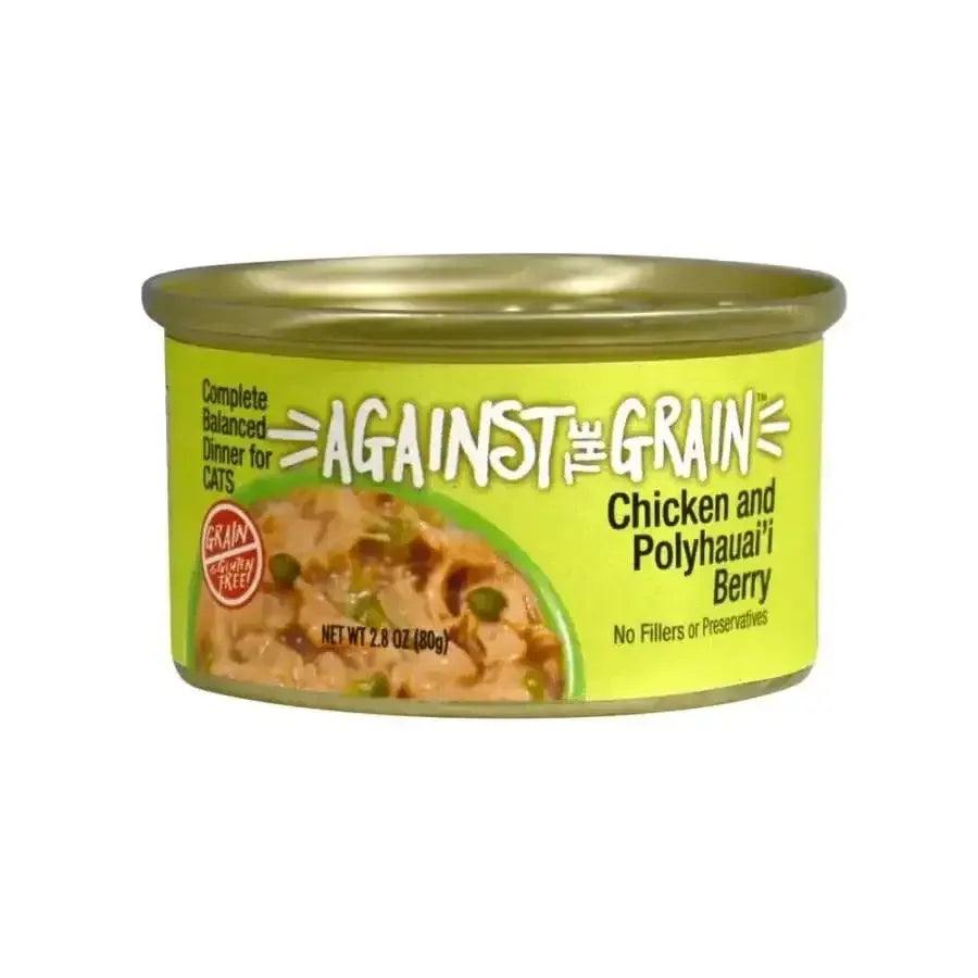 A 2.8 oz can of Against the Grain Chicken & PolyhauaiI Berry Dinner Wet Cat Food, featuring a green label, showcases grain-free, filler-free, and preservative-free ingredients. Sold as a 24-pack by Against the Grain.