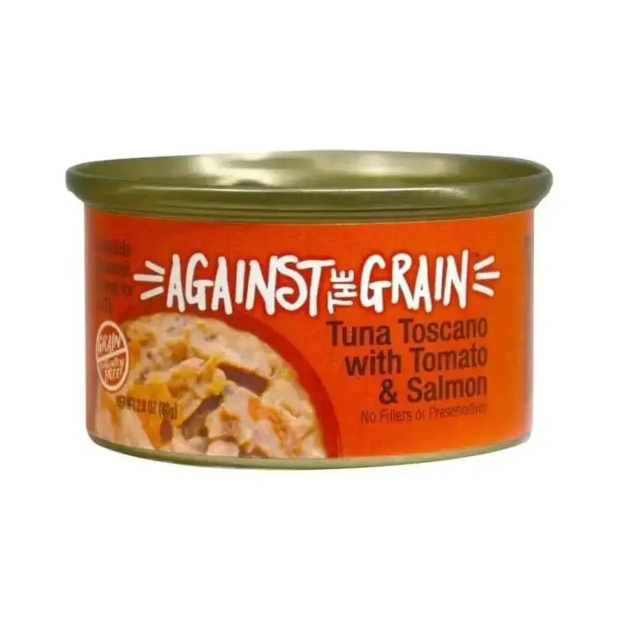 A 2.8-oz can of Against the Grain Tuna Toscano With Salmon & Tomato Dinner For Cats, featuring wild ocean-caught tuna and no fillets or preservatives, sold in a case of 24. Brand: Against the Grain.