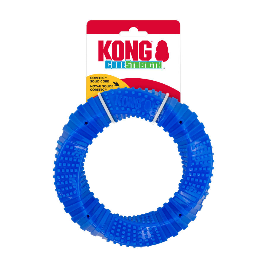 Blue KONG Corestrength Ring Toy featuring a textured surface for interactive play, packaged with a hanging tag.