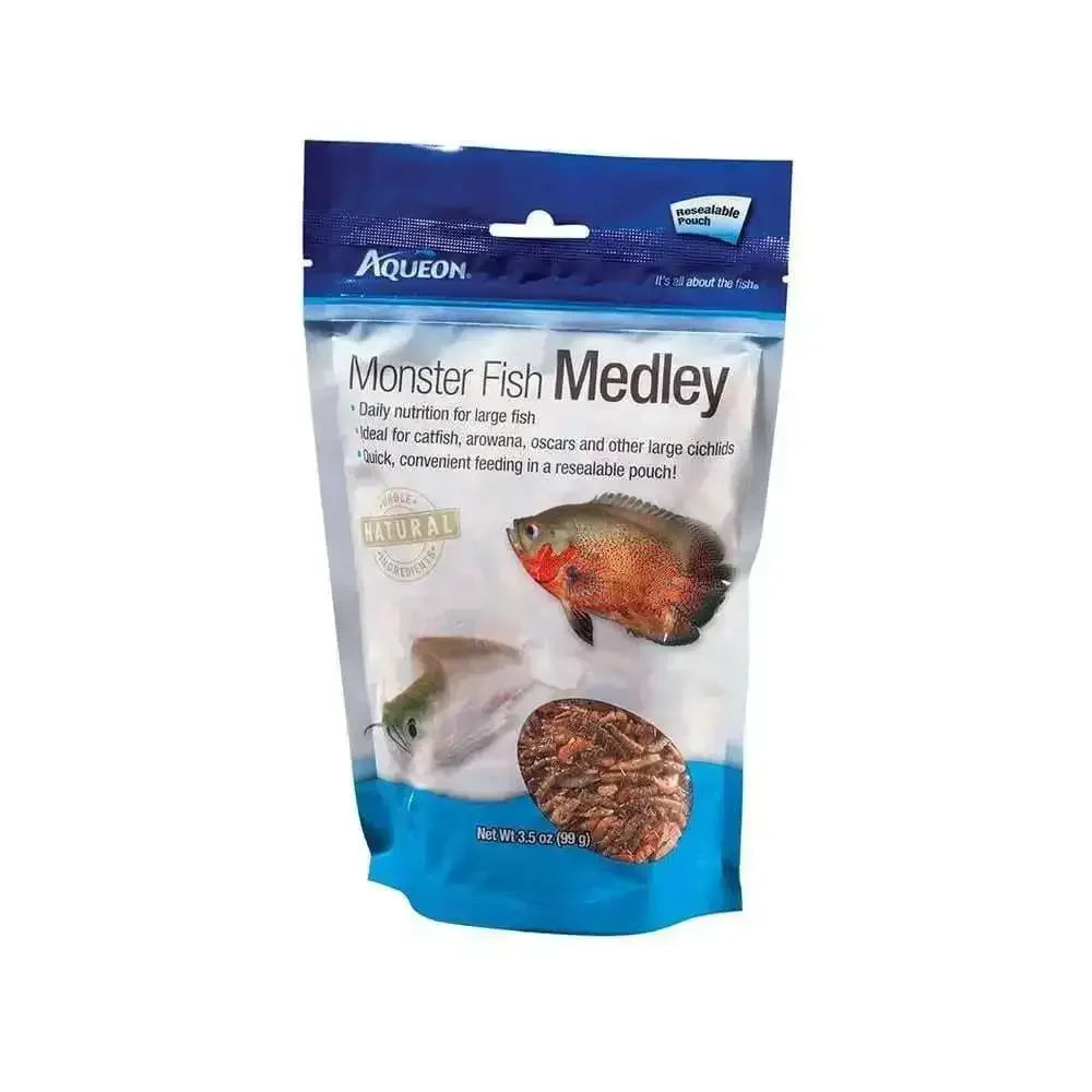 Aqueon Monster Fish Medley Food in a resealable pouch for large fish nutrition