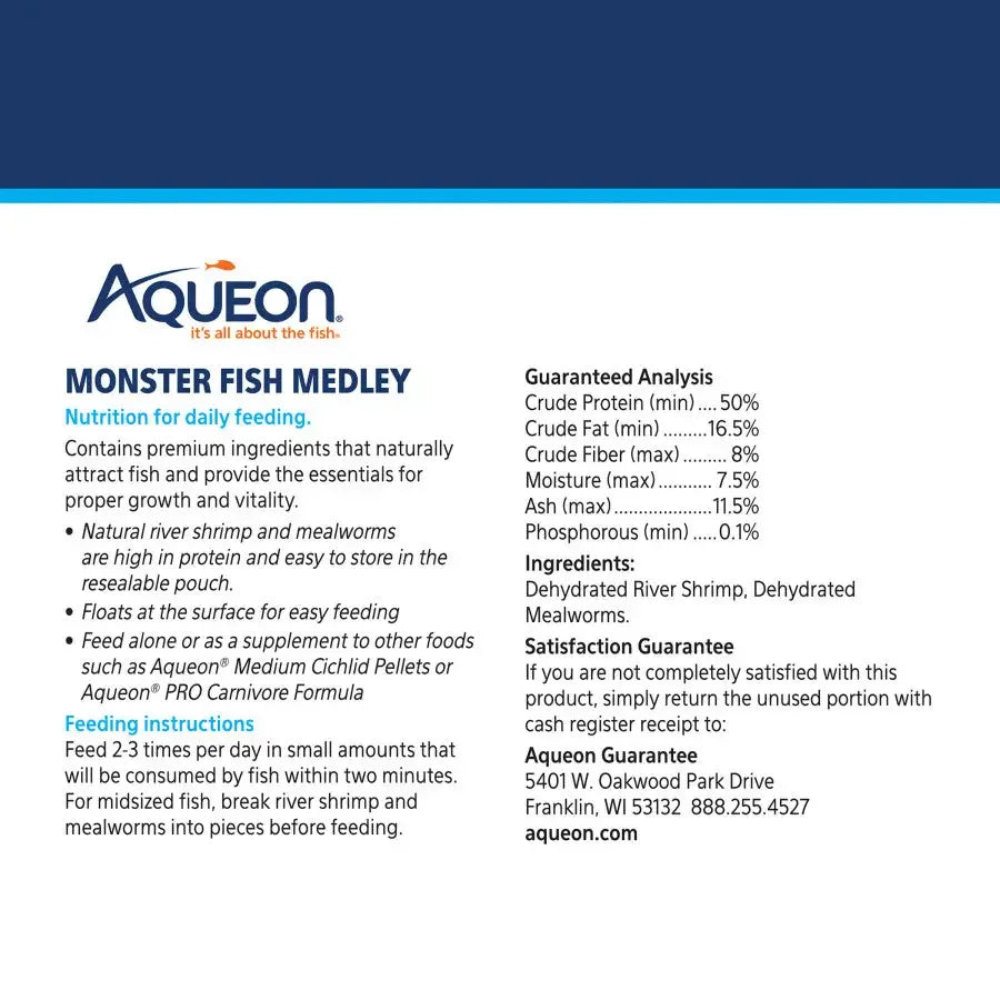 Aqueon Monster Fish Medley Food with natural river shrimp for nutritious fish feeding