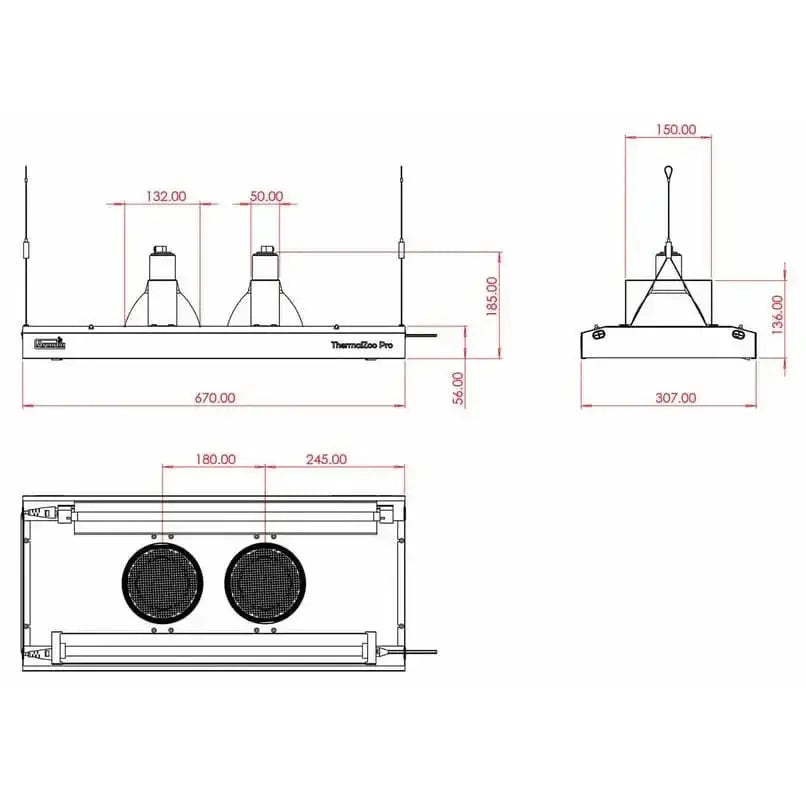 Measurement specifications for the Arcadia ThermalZooPro LED Lighting Heating Luminaire