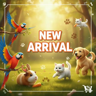 New arrival promotional graphic featuring cartoon animals in a sunlit forest setting.