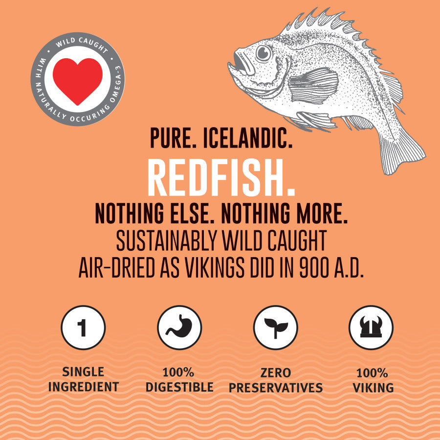 Infographic for Icelandic Redfish treats: single ingredient, air-dried, and rich in Omega-3.