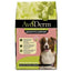 AvoDerm Adv Sensitive Support Salmon & Oatmeal Formula Dry Dog Food features avocado illustrations, a brown and white dog, and highlights skin and stomach support with a limited ingredient diet.